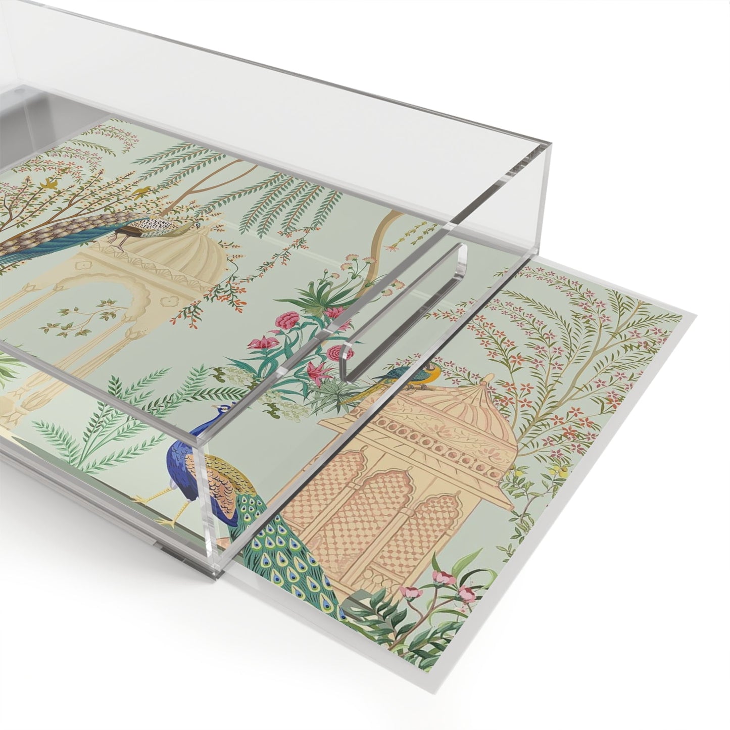 Peacock Chinoiserie Acrylic Serving Tray | Decorative India-Inspired Scene