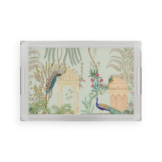 Peacock Chinoiserie Acrylic Serving Tray | Decorative India-Inspired Scene