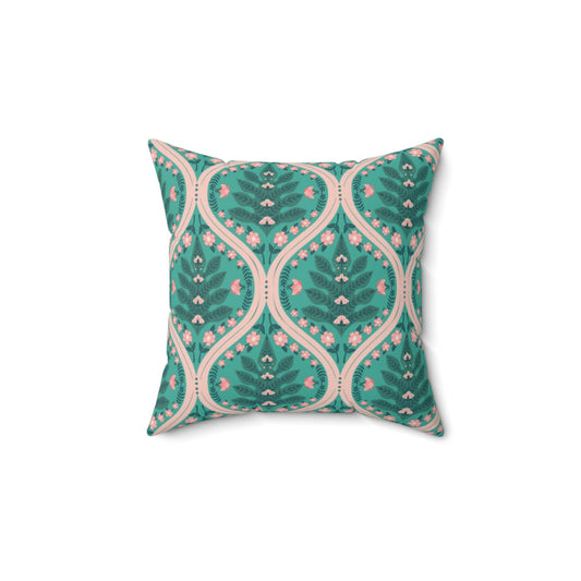Teal Botanical Tile Pattern Pillow | Square Throw Pillow