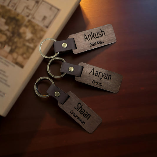 Custom Laser Engraved Walnut Wood Keychain Faux Leather Straps