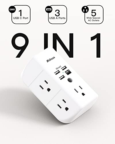 Wall Outlet Extender with Outlet Splitter Surge Protector USB Wall Charger with 5 Outlet Extender and 3 USB Ports, 1 USB C, 3-Sided Power Strip Multi Plug Outlets