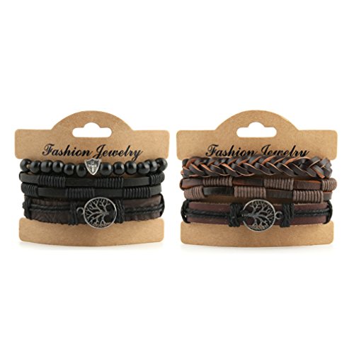 HZMAN Genuine Leather Tree of life Bracelets Men Women, Tiger Eye Natural Stone Lava Rock Beads Ethnic Tribal Elastic Bracelets Wristbands