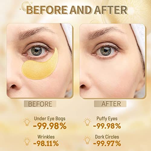 Hicream 24k Gold Under Eye Patches - 60 Pcs Eye Mask Pure Gold Anti-Aging Collagen Hyaluronic Acid Under Eye Mask for Dark Circles, Puffiness & Wrinkles Refresh Your Skin (Gold)