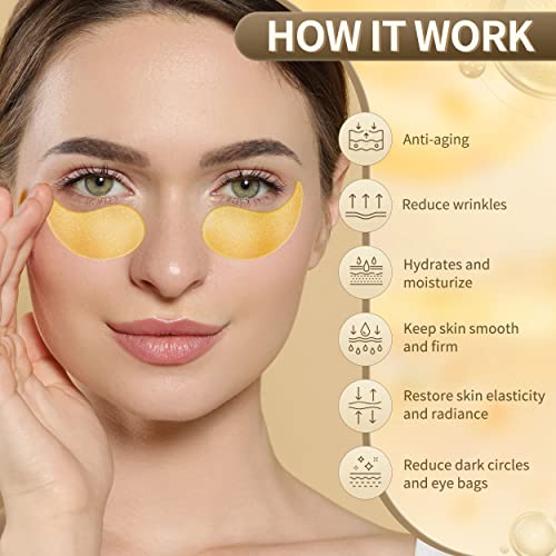 Hicream 24k Gold Under Eye Patches - 60 Pcs Eye Mask Pure Gold Anti-Aging Collagen Hyaluronic Acid Under Eye Mask for Dark Circles, Puffiness & Wrinkles Refresh Your Skin (Gold)