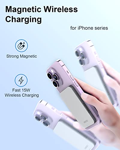 HINOVO Portable Charger iPhone, 5000mAh Magnetic Wireless Power Bank Ultra Slim 0.35” & Metallic Wireless Charger, 20W USB-C PD Charging & 15W Mag-Safe Battery Pack Compatible with iPhone 14/13/12