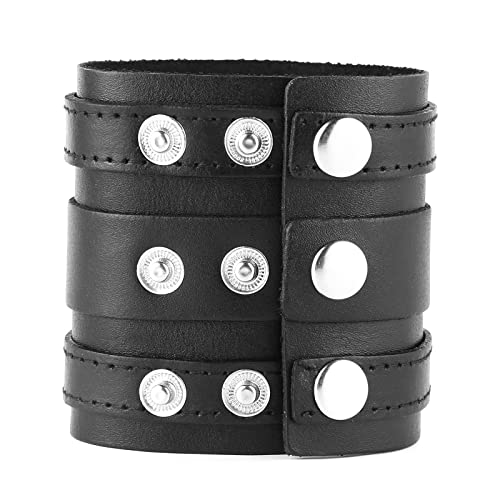 HZMAN Black Wide Leather Bracelets for Men Women Punk Rock Biker Cuff Wrap Wristband