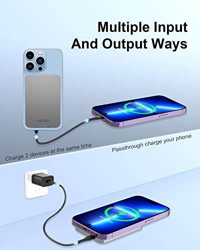 HINOVO Portable Charger iPhone, 5000mAh Magnetic Wireless Power Bank Ultra Slim 0.35” & Metallic Wireless Charger, 20W USB-C PD Charging & 15W Mag-Safe Battery Pack Compatible with iPhone 14/13/12