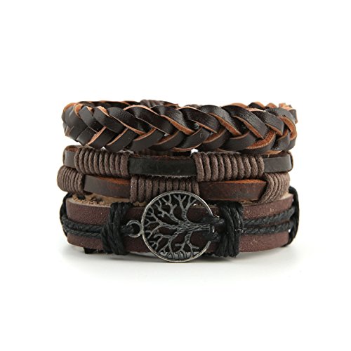 HZMAN Genuine Leather Tree of life Bracelets Men Women, Tiger Eye Natural Stone Lava Rock Beads Ethnic Tribal Elastic Bracelets Wristbands