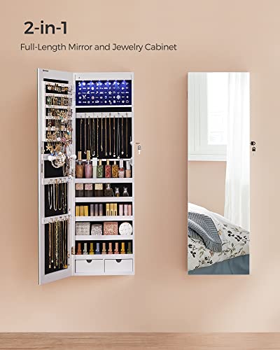 SONGMICS Hanging Jewelry Cabinet, Wall-Mounted Cabinet with LED Interior Lights, Door-Mounted Jewelry Organizer, Full-Length Mirror, Gift Idea, Christmas Gifts, White UJJC99WT