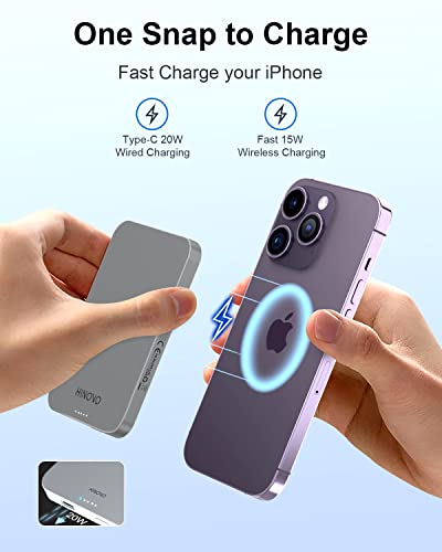 HINOVO Portable Charger iPhone, 5000mAh Magnetic Wireless Power Bank Ultra Slim 0.35” & Metallic Wireless Charger, 20W USB-C PD Charging & 15W Mag-Safe Battery Pack Compatible with iPhone 14/13/12