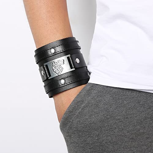 HZMAN Black Wide Leather Bracelets for Men Women Punk Rock Biker Cuff Wrap Wristband