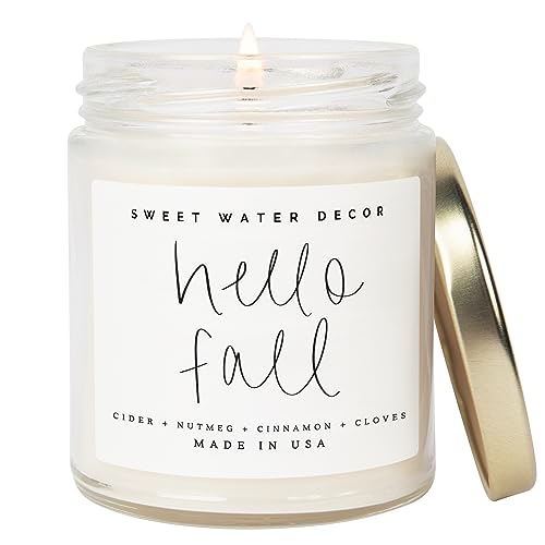 Sweet Water Decor Hello Fall Candle | Cinnamon, Apples, and Clove Autumn Scented Soy Candles for Home | 9oz Clear Jar, 40 Hour Burn Time, Made in the USA