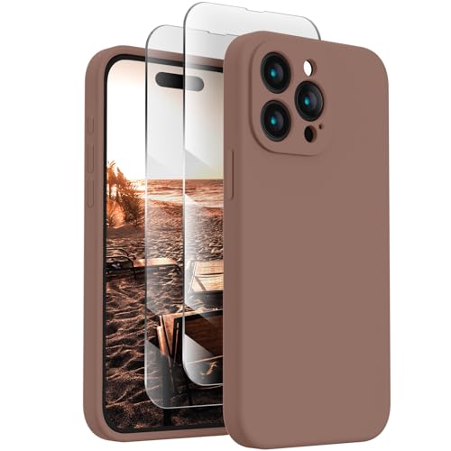 FireNova Designed for iPhone 15 Pro Case, Silicone Upgraded [Camera Protection] Phone Case with [2 Screen Protectors], Soft Anti-Scratch Microfiber Lining Inside, 6.1 inch, Light Brown