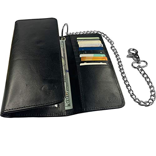 IBRO Motorcycle Chain Wallet for Men – 100% Natural Genuine Leather, Long Trifold RFID Blocking, Credit Card Money Organizer - Men’s Trucker Biker Metal Chain Wallets