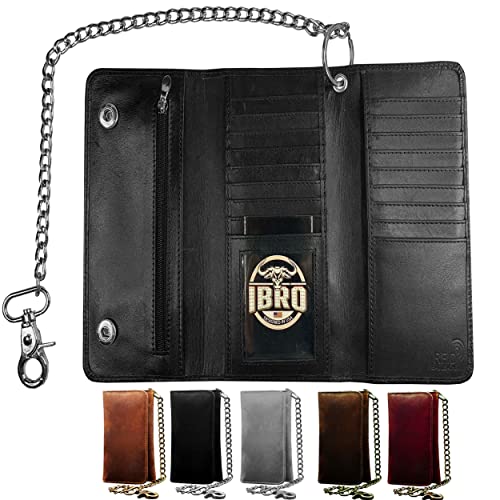 IBRO Motorcycle Chain Wallet for Men – 100% Natural Genuine Leather, Long Trifold RFID Blocking, Credit Card Money Organizer - Men’s Trucker Biker Metal Chain Wallets