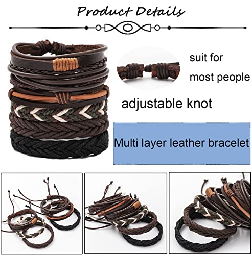 SAMOCO 36Pcs Braided Leather Bracelet for Men Women Cuff Wrap Bracelet Adjustable Black Brown Tribal Wristbands Multilayered Handmade Wrap Bracelets