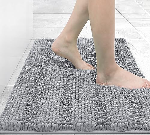 Grandaily Chenille Striped Bathroom Rug Mat, Extra Thick and Absorbent Bath Rugs, Non-Slip Soft Plush Shaggy Bath Carpet, Machine Wash Dry, Bath Mats for Bathroom, 24x16, Grey