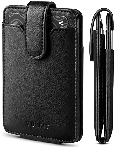 VULKIT Slim Leather Wallet for Men Credit Card Holder with Elastic Pocket RFID Blocking Front Pocket Wallet with ID window (Black)