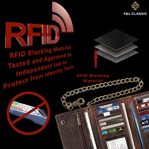 F&L CLASSIC RFID Blocking Mens Tri-fold Long Style Cowhide Leather Steel Chain Wallet,buffalo vintage leather