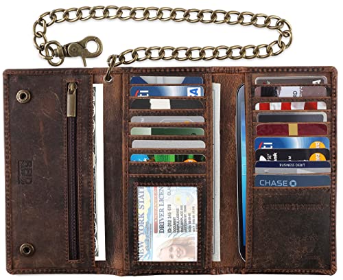 F&L CLASSIC RFID Blocking Mens Tri-fold Long Style Cowhide Leather Steel Chain Wallet,buffalo vintage leather