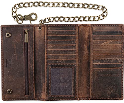 F&L CLASSIC RFID Blocking Mens Tri-fold Long Style Cowhide Leather Steel Chain Wallet,buffalo vintage leather