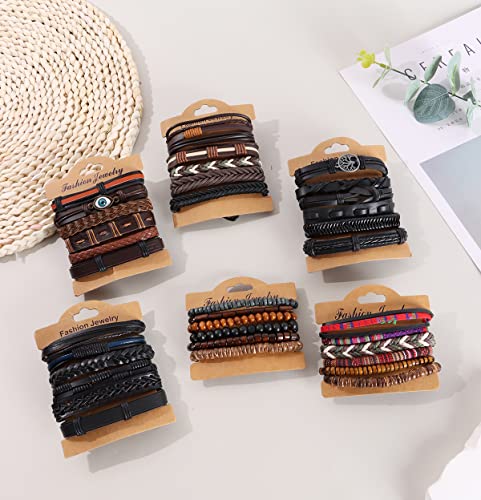 SAMOCO 36Pcs Braided Leather Bracelet for Men Women Cuff Wrap Bracelet Adjustable Black Brown Tribal Wristbands Multilayered Handmade Wrap Bracelets