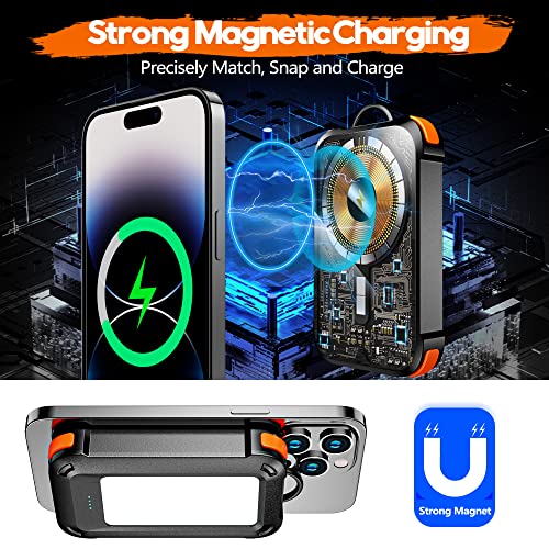 MOZOTER Magnetic Wireless Portable Charger,10000mAh Wireless Power Bank with USB-C Fast Charging Cable,Outdoor Waterproof Battery Pack with LED Flashlight,Compatible with iPhone 14/13/12 Series(Black)