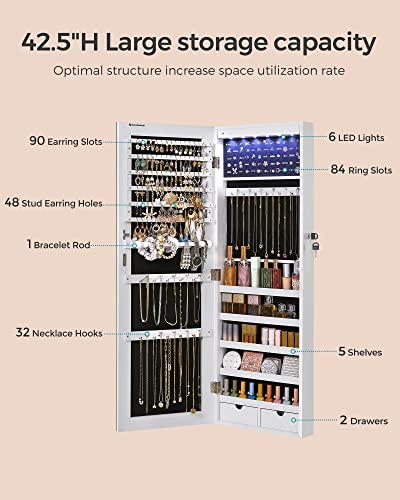 SONGMICS Hanging Jewelry Cabinet, Wall-Mounted Cabinet with LED Interior Lights, Door-Mounted Jewelry Organizer, Full-Length Mirror, Gift Idea, Christmas Gifts, White UJJC99WT