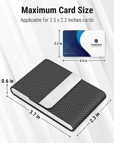 MaxGear Business Card Holder, PU Leather Business Card Case Pocket Card Holders for Men or Women, Metal Slim Name Card Holder RFID Blocking Business Card Carrier with Magnetic Closure, Black Carbon