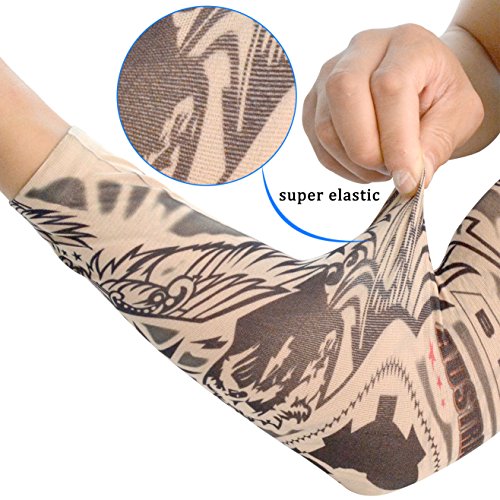 HOVEOX 20pcs Temporary Tattoo Arm Sleeves Arts Fake Slip on Arm Sunscreen Sleeves Body Art Stockings Protector -Designs Tribal, Tiger, Dragon, Skull, and Etc Unisex Stretchable Cosplay Accessories