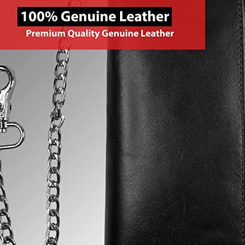 IBRO Motorcycle Chain Wallet for Men – 100% Natural Genuine Leather, Long Trifold RFID Blocking, Credit Card Money Organizer - Men’s Trucker Biker Metal Chain Wallets