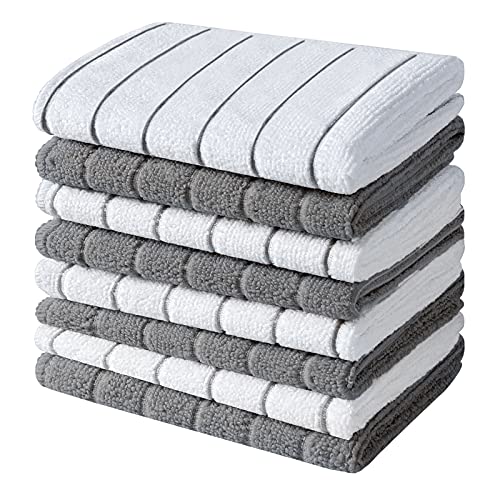 HYER KITCHEN Microfiber Dish Towels, Stripe Designed, Super Soft and Absorbent Dishcloth, Pack of 8, 12 x 12 Inch, Gray and White