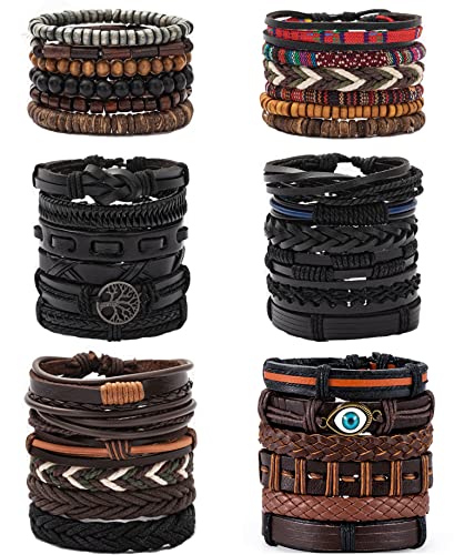 SAMOCO 36Pcs Braided Leather Bracelet for Men Women Cuff Wrap Bracelet Adjustable Black Brown Tribal Wristbands Multilayered Handmade Wrap Bracelets