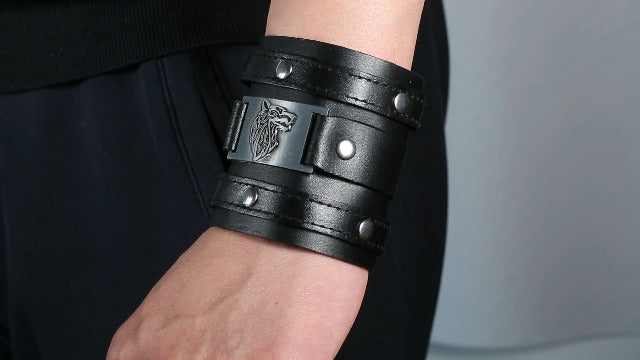 HZMAN Black Wide Leather Bracelets for Men Women Punk Rock Biker Cuff Wrap Wristband