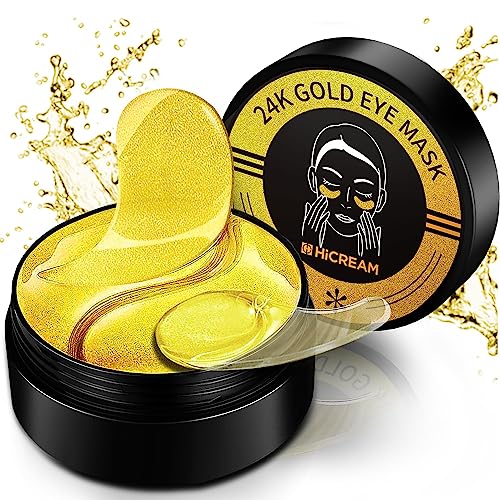 Hicream 24k Gold Under Eye Patches - 60 Pcs Eye Mask Pure Gold Anti-Aging Collagen Hyaluronic Acid Under Eye Mask for Dark Circles, Puffiness & Wrinkles Refresh Your Skin (Gold)