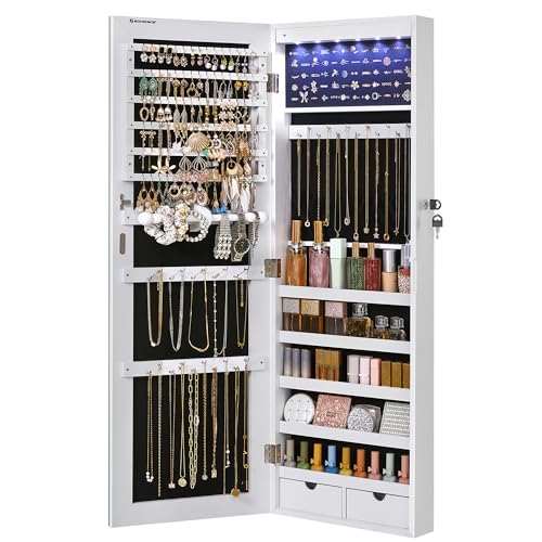 SONGMICS Hanging Jewelry Cabinet, Wall-Mounted Cabinet with LED Interior Lights, Door-Mounted Jewelry Organizer, Full-Length Mirror, Gift Idea, Christmas Gifts, White UJJC99WT