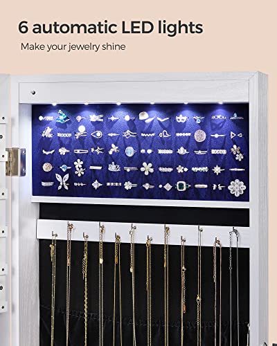 SONGMICS Hanging Jewelry Cabinet, Wall-Mounted Cabinet with LED Interior Lights, Door-Mounted Jewelry Organizer, Full-Length Mirror, Gift Idea, Christmas Gifts, White UJJC99WT