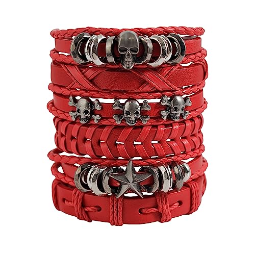 Eigso 6 Pcs Leather Bracelet Braided Wide Wristband Women Men Punk Rock Jewelry Skull