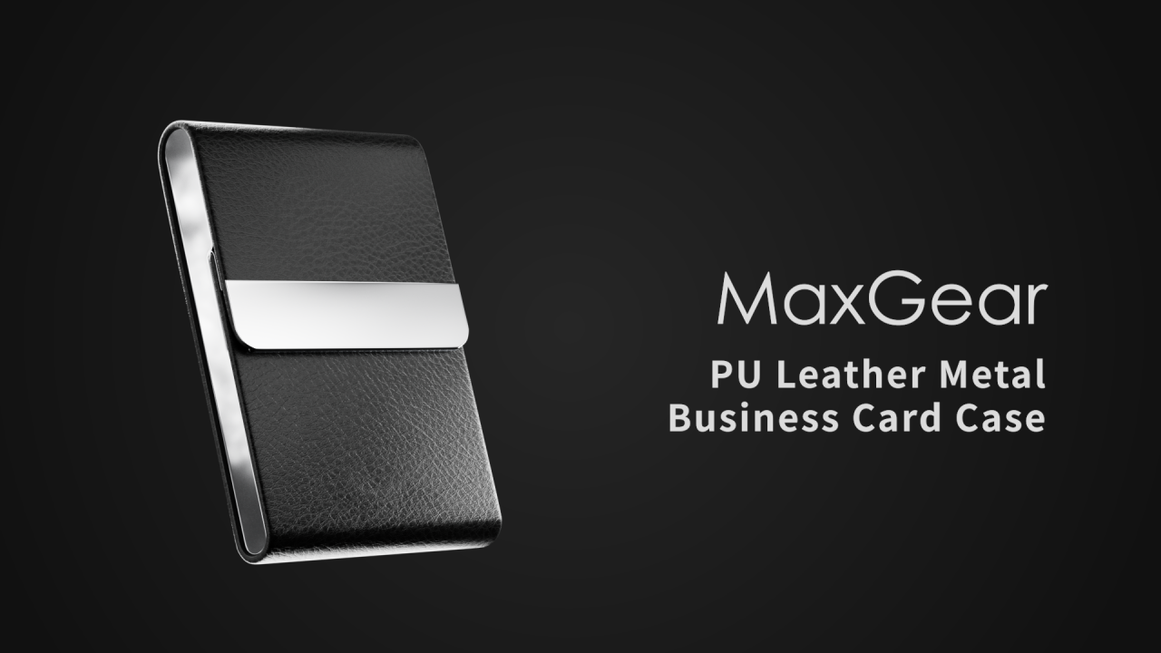 MaxGear Business Card Holder, PU Leather Business Card Case Pocket Card Holders for Men or Women, Metal Slim Name Card Holder RFID Blocking Business Card Carrier with Magnetic Closure, Black Carbon