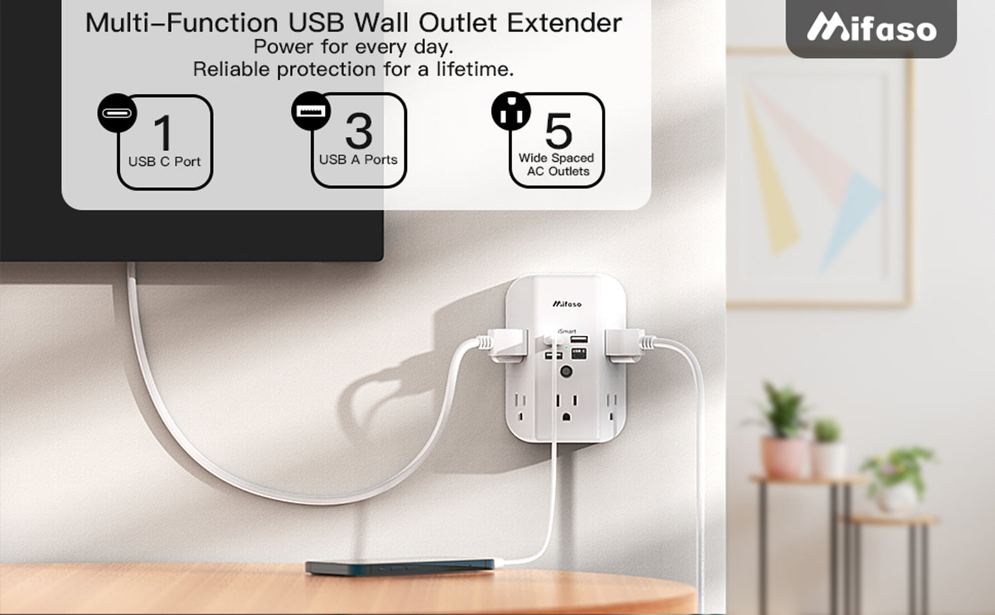 Wall Outlet Extender with Outlet Splitter Surge Protector USB Wall Charger with 5 Outlet Extender and 3 USB Ports, 1 USB C, 3-Sided Power Strip Multi Plug Outlets